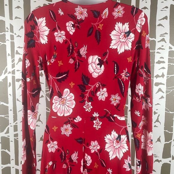 Old Navy Long Sleeve Knit True Wrap Midi Dress Red Floral NEW S Tall - Picture 6 of 11